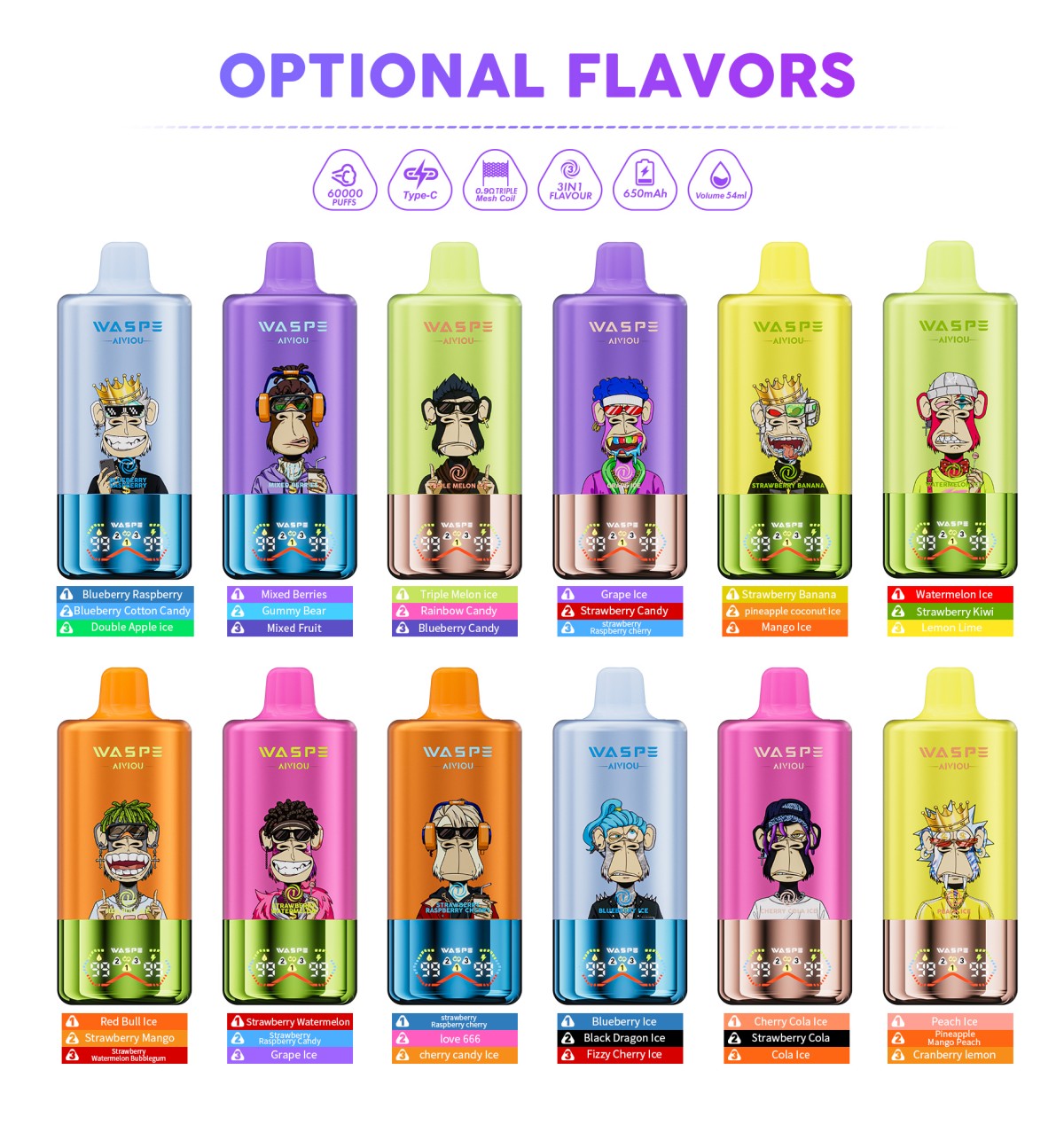 Waspe wholesale triple flavor 3 in 1 60000 puffs disposable vape pen - Image 2